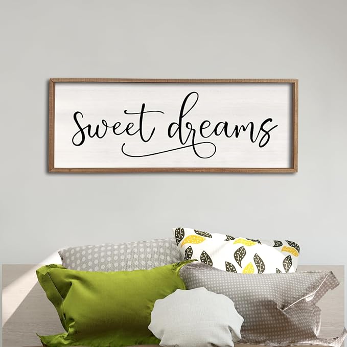 comurdyo Sweet Dreams Wall Decor Above Bed Sign 40" x 15" Master Bedroom Wooden Antique Framed Large Rustic Farmhouse Guest Room Beautiful Simple Hanging Plaque Over Bed Wall Art (Wood)-Ruum Studio Home