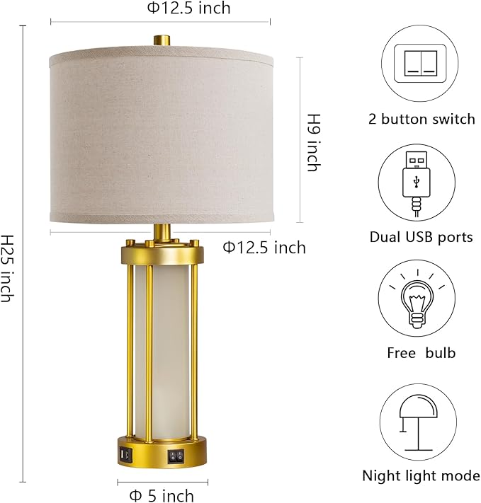 RORIA Modern Table Lamps for Living Room Set of 2, Farmhouse Bedroom Lamps for Nightstands with Dual USB Ports, Gold Bedside Lamps with White Frosted Glass Nightlight, 4 Bulbs Includes (Gold)-Ruum Studio Home