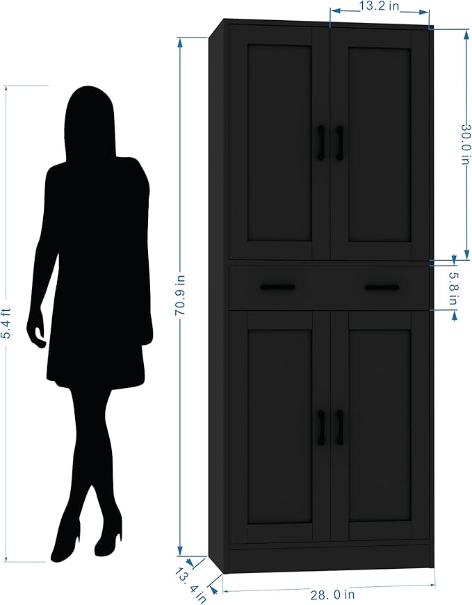 Black Kitchen Pantry, 71" Tall Storage Cabinet with Doors and Drawer for Kitchen, Hallway, Office-Ruum Studio Home