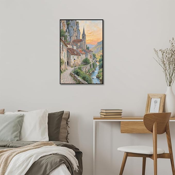Small town scenery poster on the bank of the mountain stream is suitable for living room bedroom and office natural oil painting poster-Ruum Studio Home