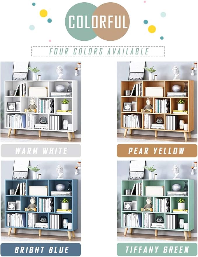 IOTXY Wooden Open Shelf Bookcase - 3-Tier Floor Standing Display Cabinet Rack with Legs, 10 Cubes Bookshelf, Warm White-Ruum Studio Home