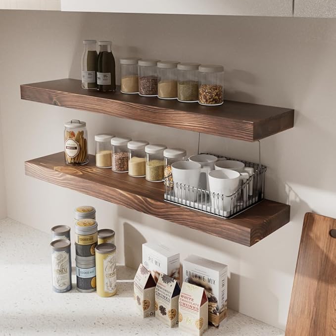 Habudda Floating Shelves Set of 2, Natural Pine Wood Shelf for Bathroom Bedroom Kitchen, 30 inch Long, Rustic Decor, Walnut-Ruum Studio Home