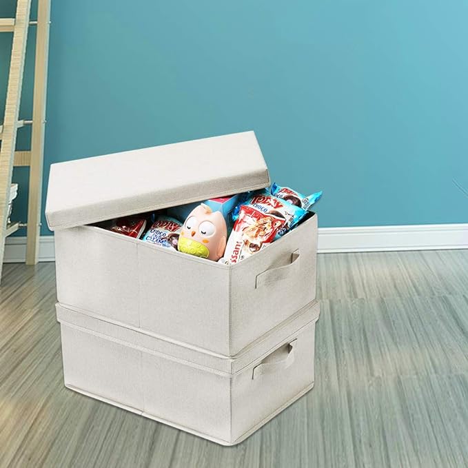 HOONEX Foldable Storage Bins with Lids, 2 Pack, Storage Boxes with Carrying Handles and Sturdy Heavy Cardboard, 16.5" L x 11.8" W x 7.5" H for Shoes, Books, Clothes, Linens, Beige-Ruum Studio Home