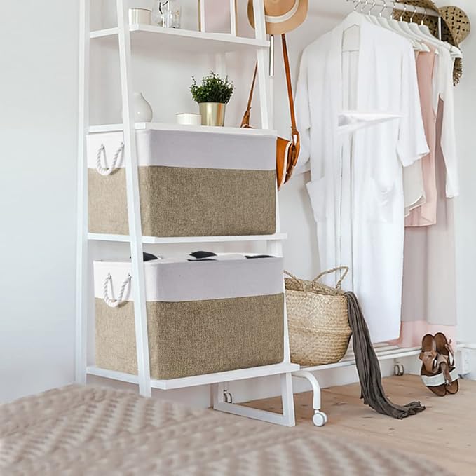 TheWarmHome Organization Basket - 20x16x14 inch Jumbo 3 Pack Collapsible Storage Bins for Shelves, Fabric Storage Cubes for Closet Organizer Gift Toy (White & Khaki)-Ruum Studio Home
