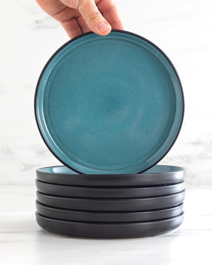 32 Piece Dinnerware Sets for 8 - Modern Style Stoneware Dinnerware Set - Scratch Resistant, Dishwasher Safe Plates and Bowls Sets Ceramic, Dish Set, Bowl and Plate Set - Black and Petrol Blue…-Ruum Studio Home