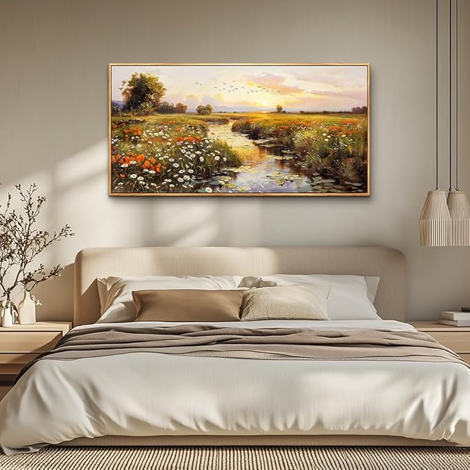 PHAOHUAXM Canvas Wall Art For Living Room Wall Decor For Bedroom Watercolour Painting Office Decoration Countryside Sunrise Scenery Wall Picture Printing Artwork Home Decor Wood Framed 24x48 In-Ruum Studio Home