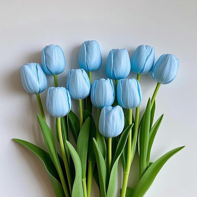 Buart Artificial Tulip in Bulk for Wedding Bridal Bouquet,Fake Flowers for Valentine's Day Mother's Day Easter Table Centerpieces Decorations(Light Blue,Real-Touch,12pcs)-Ruum Studio Home