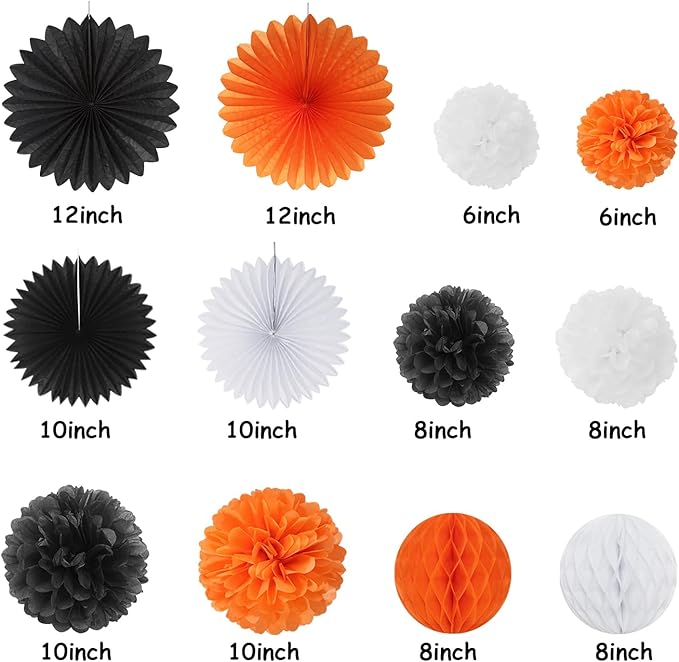 Orange Black Happy-Halloween Party Decorations - 13PCS Spider Web Bats Streamers Banner ,Paper Flowers Lanterns Tissue Pom Poms Fans, Classroom Birthday Bachelorette Hanging Supplies Decor Hugfond-Ruum Studio Home
