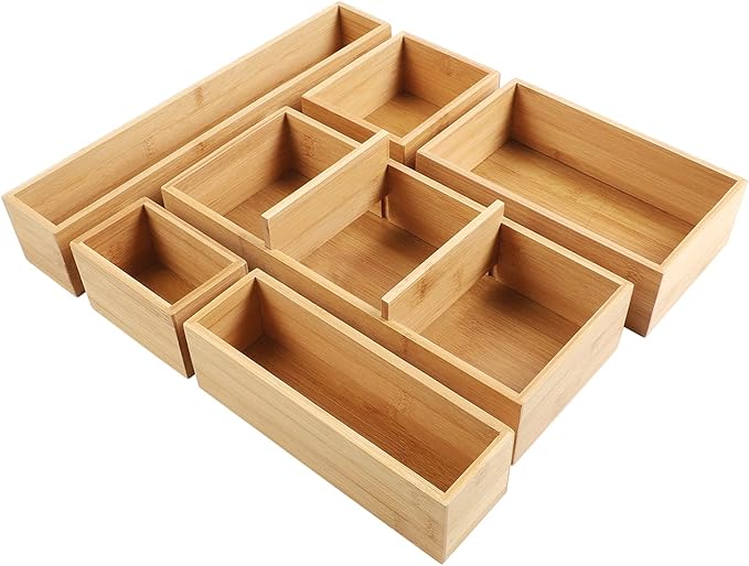 Kootek Bamboo Drawer Organizer with Removable Dividers, 6 Pcs Adjustable Kitchen Drawer Organizer Utensils Bamboo Organizers Silverware Storage Box Cutlery Tray Multi-Use for Bathroom, Makeup, Office-Ruum Studio Home