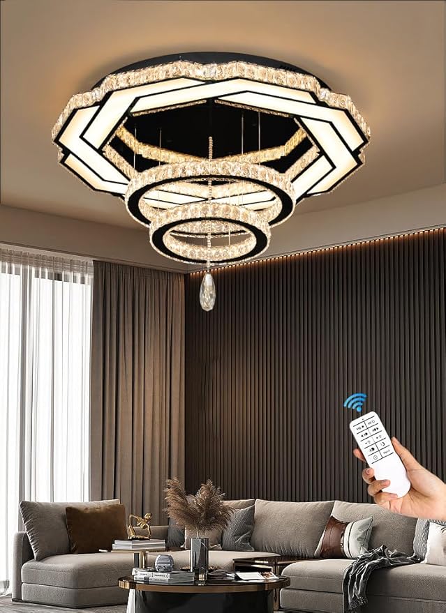 Flashing God Dia 32" Modern Crystal Chandelier Crystal Black Ceiling Light Fixtures LED Flush Mount Ceiling Light for Living Room Bedrooms Dining Room Dimmable 2700k- 6000k-Ruum Studio Home