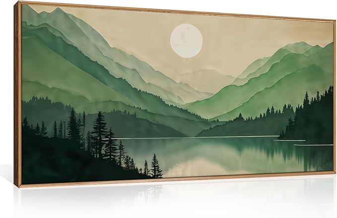 Celestdeco Watercolor Mountain Framed Canvas Wall Art Set, Boho Sun Forest Wall Decor, Green Scenery Wall Painting, Modern Woodland Artworks for Living Room, Bedroom, Dining Room, Office - 20" x40x1-Ruum Studio Home