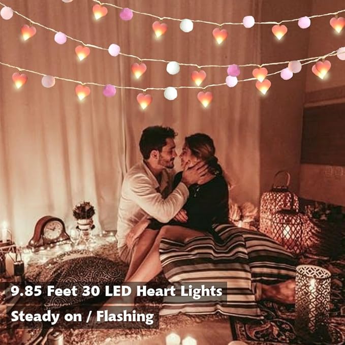 9.85Ft String Lights with 20 Pink Heart LEDs 20 Pink Pom Poms Garland Lights with Timer Valentine Decoration for Home Kid Bedroom Mother's Day Wedding Party Valentine's Day Decor-Ruum Studio Home