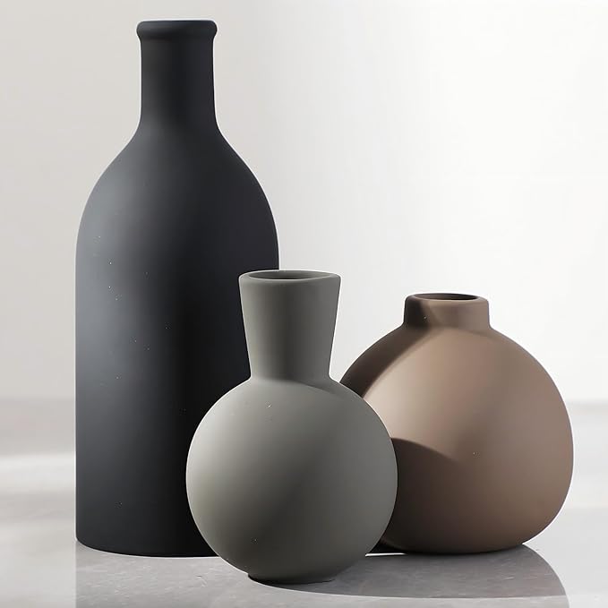 Ceramic Vase Set of 3 | Neutral Vases Home Decor | Modern Flower Pottery Vases Rustic Farmhouse Vase for Table Entryway Mantel Centerpiece Bookshelf Living Room Bathroom Bedroom -Multicolor Large-Ruum Studio Home
