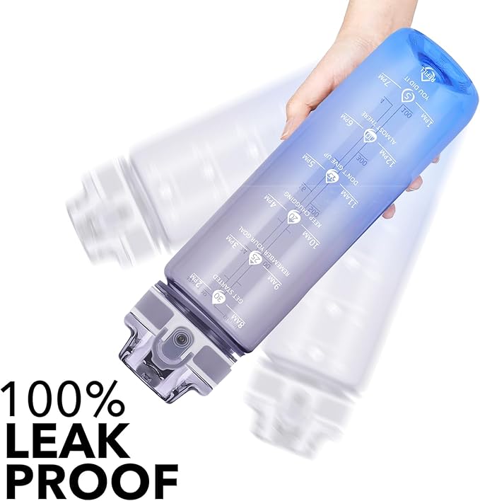 32oz Motivational Water Bottles with Time Marker & Fruit Strainer, Transparent Gradient Color Water Bottle with Times to Drink, Leakproof & BPA Free, Reusable Bottle with Strap (No Straw)-Ruum Studio Home