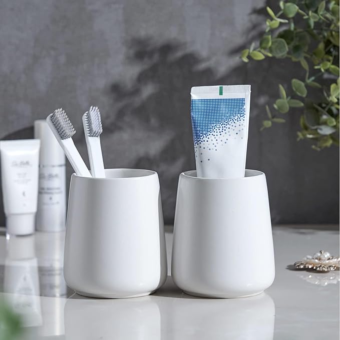 White Toothbrush Holder for Bathroom - Ceramic Tooth Brushing Holders, Toothbrush Cup & Toothpaste Organizer for Bathroom Countertop, Makeup Brush Holder, Pen Holder for Home Desktop Storage-Ruum Studio Home