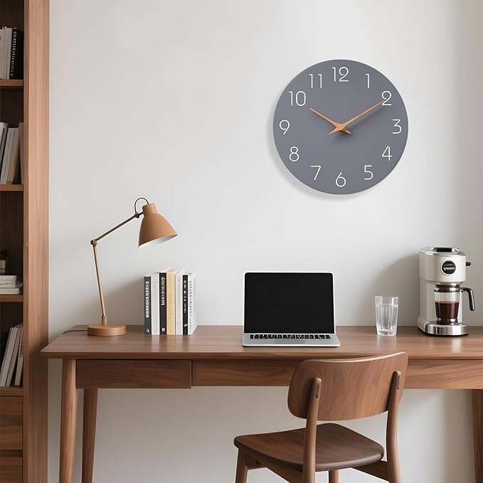 Mosewa Wall Clock Silent Non Ticking Decorative for Kitchen Bedroom Bathroom Office Living Room Battery Operated 10 Inch Gray Wood Modern Simple-Ruum Studio Home