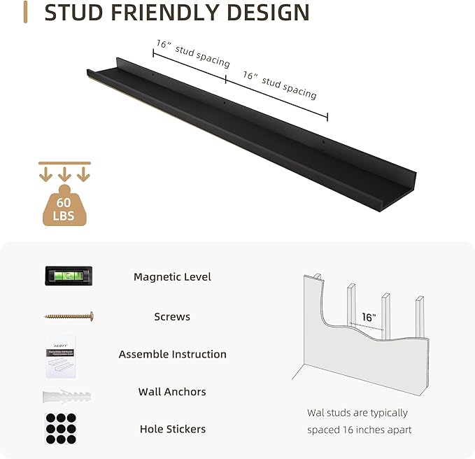 Picture Ledge Shelf, Wood Long Floating Shelves for Wall, Set of 2, 48 inch Picture Ledge Shelves, Photo Ledge Nursery Book Shelves Wall Mounted for Living Room Kids' Room Bedroom, Color Black-Ruum Studio Home