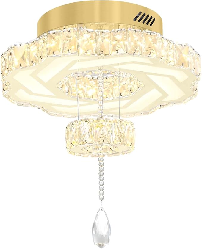Flashing God 16 Inch Mini Chandelier Modern Crystal Chandeliers Light Semi Flush Mount Ceiling Light Fixture Small Gold Chandelier for Bedroom Hallway Kitchen Foyer-Ruum Studio Home