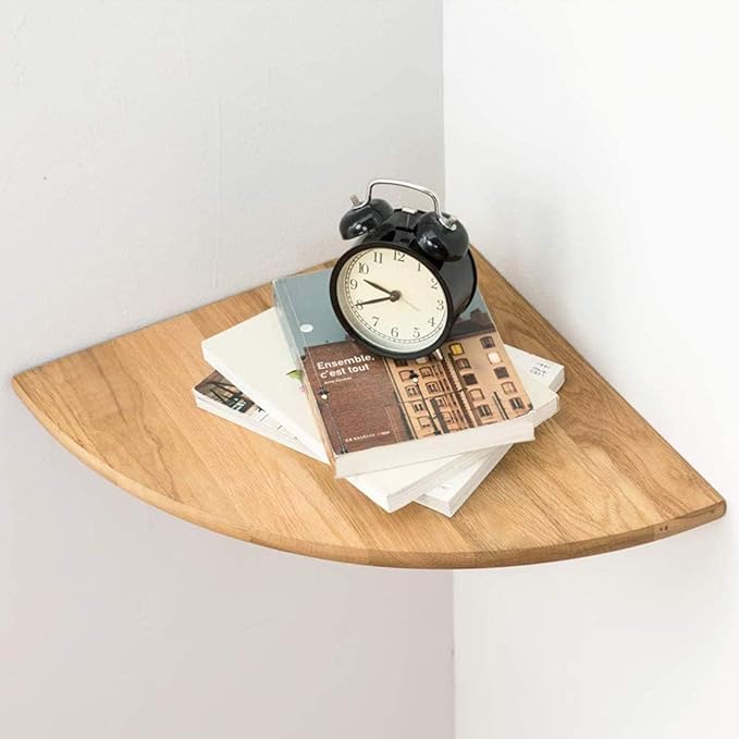 Corner Shelf, Solid Oak Wood Floating Corner Shelves Wall Mount Round End with Wire Hole for Small Plant Photo Frame for Bedroom Kitchen, Living Room-Ruum Studio Home