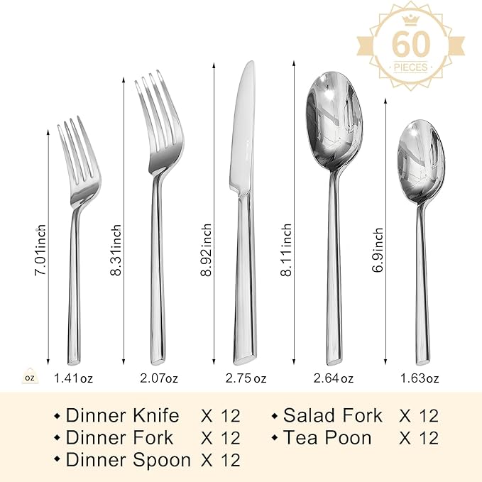KINGSTONE Silverware Set, 60-Piece Forged Flatware Set Cutlery Set Premium Stainless Steel, Service for 12, for Kitchen, Home, Wedding, Party, Mirror Polished and Dishwasher Safe-Ruum Studio Home