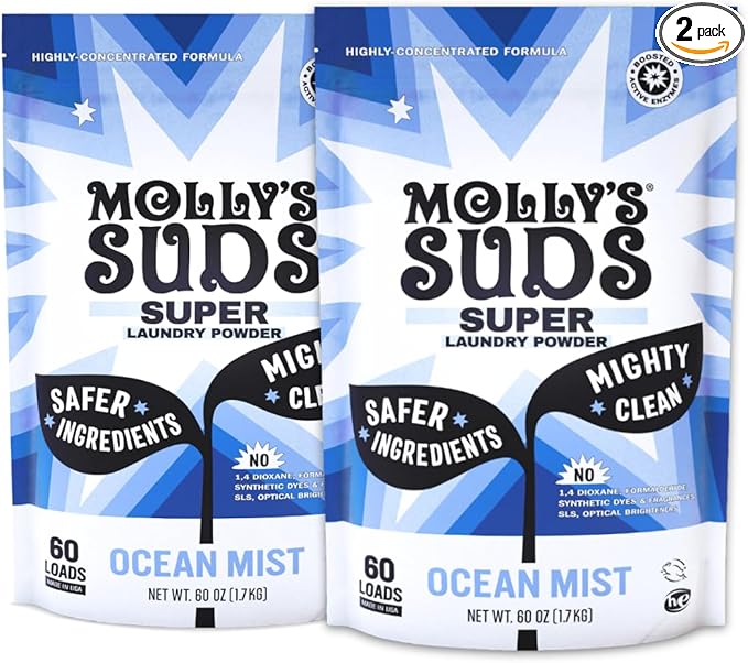Molly's Suds Super Powder Detergent | Extra Strength Laundry Soap, Stain Fighting | Sensitive Skin | Simple, Effective Ingredients | Ocean Mist, 120 Loads Total (2 Pack)-Ruum Studio Home