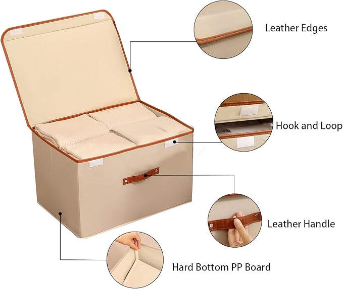 Tuza 4 Pack Large Fabric Storage Bins with Lids, Foldable Storage Boxes with Lids for Organizing, Decorative Storage Boxes with Handles for Home, Bedroom, Closet, Office(Khaki, Large)-Ruum Studio Home