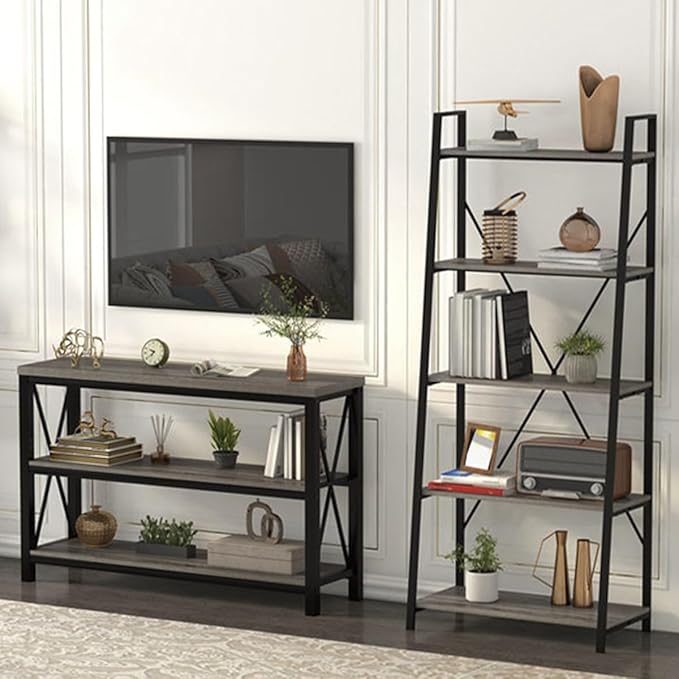 BON AUGURE Rustic Sofa Table Behind Couch, Industrial Console Tables for Entryway, 3 Tier Wood Shelves Entry Table with Storage for Foyer, Hallway, Front Door (47 Inch, Dark Grey Oak)-Ruum Studio Home