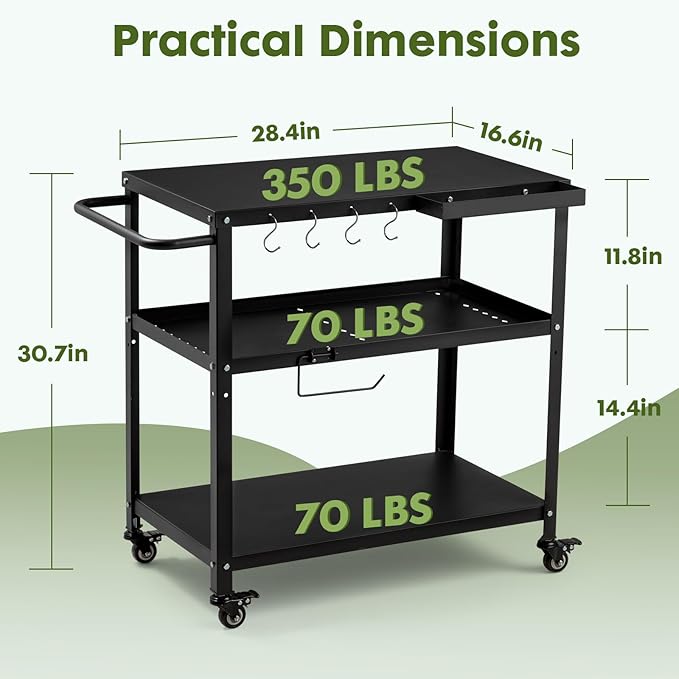 Outdoor Grill Cart Table,Indoor and Outdoor Pizza Oven Table,with 4 Movable Total Lock Casters, Hooks, Side Handle Multifunctional (Black)-Ruum Studio Home