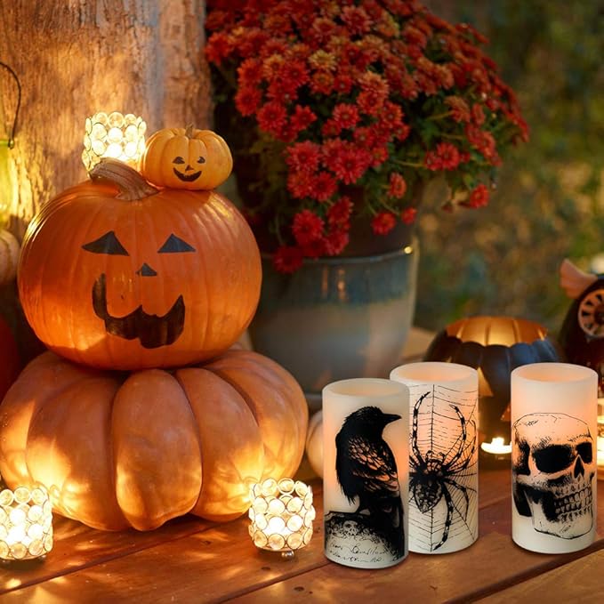 Wondise Halloween Flickering Flameless Candles with 6hrs Timer, Battery Operated LED Real Wax Candles Set of 3 Skull, Spider Web, Crow Raven Decals Halloween Home Decoration Gifts(3 x 3 x 6 Inch)-Ruum Studio Home