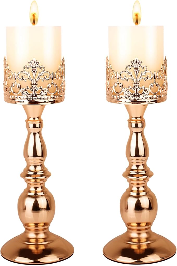 Candle Holders for Pillar Candles Gothic Matte Black Vintage Tall Candle Holders Set of 2 Decorative Large Table Centerpieces Candle Stand Decor (Gold 2PCS A)-Ruum Studio Home