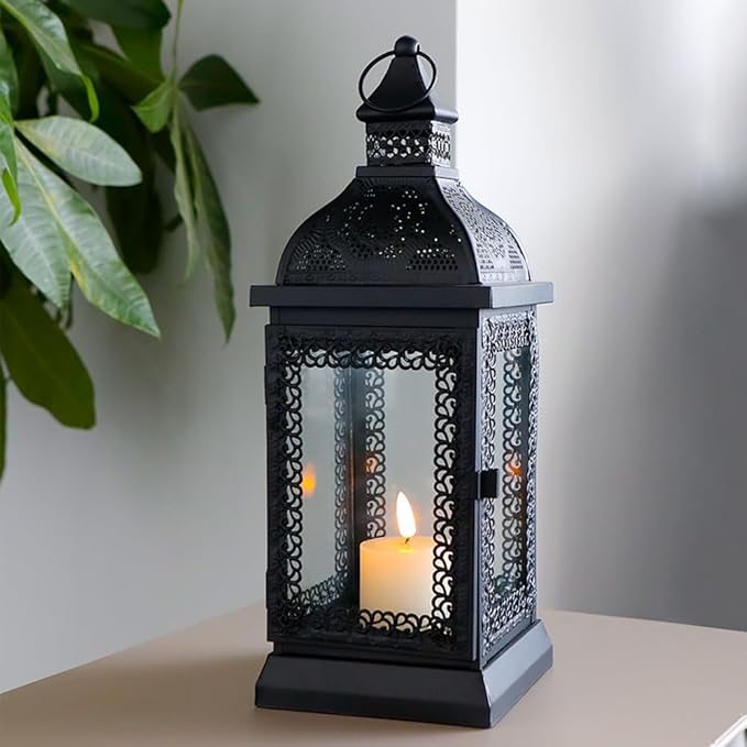 TRIROCKS Rustic Style Metal Candle Lantern 13'' High Decorative Outdoor Lantern Candle Holder with Tempered Glass for Christmas Living Room Garden Patio Parties Indoors Outdoors (Black)-Ruum Studio Home