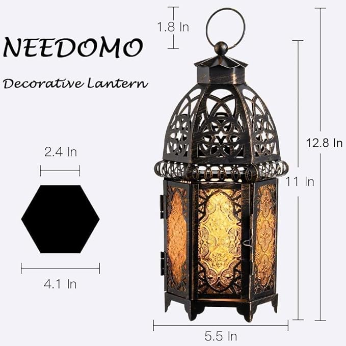 NEEDOMO Set of 2 Hanging Moroccan Lantern, 12.8'' Vintage Candle Holder, Metal Lanterns Decorative Indoor Outdoor, Table, Patio, Porch, Shelf, Ramadan Decorations (Amber)-Ruum Studio Home