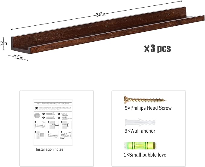 AZSKY Floating Shelves Wall Mount Deep Walnut for Wall Storage 36 Inch Rustic Picture Photo Ledge Shelf with Lip Nursery Book Shelves for Kids Room Bedroom Bathroom Living Room Kitchen Decor Set of 3-Ruum Studio Home