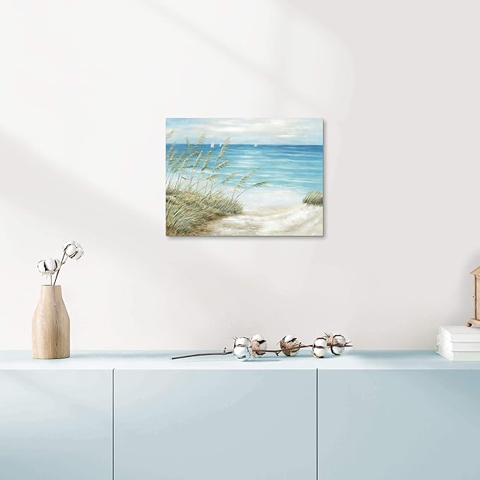 Beach Sea Canvas Wall Art: Seaside Coastal Reed Painting Blue Ocean Nautical Picture Modern Minimalist Seascape Grass Path Artwork Decor for Living Room Bedroom-Ruum Studio Home