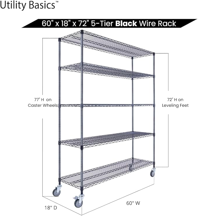 60"x18"x72" Black 5-Tier Premium Wire Shelving NSF 4000 LBS MAX Capacity Heavy Duty Steel Storage Rack for Warehouses, Garages, Hospitals, Commercial Spaces, & Schools w/Premium Wheels-Ruum Studio Home