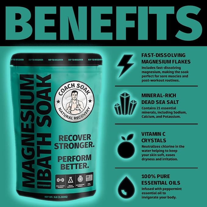 Coach Soak Recovery Bath Soak & Cream - Alternative to Epsom Salt Bath Soak - Fast-Absorbing Pure Magnesium Flakes with 21 Minerals, Bath Salts & Essential Oils - 2 Pack - Cooling Peppermint-Ruum Studio Home