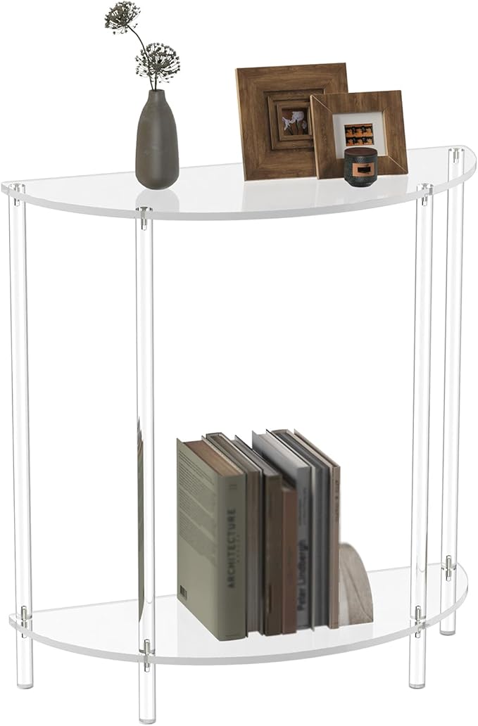 Acrylic Console Table, Half Moon, 29.5" Small Entryway Table, Clear Entry Table for Sofa, Foyer, Hallway, Living Room, Easy Assembly, 2 Tier, 11.8" D x 31.5" H-Ruum Studio Home