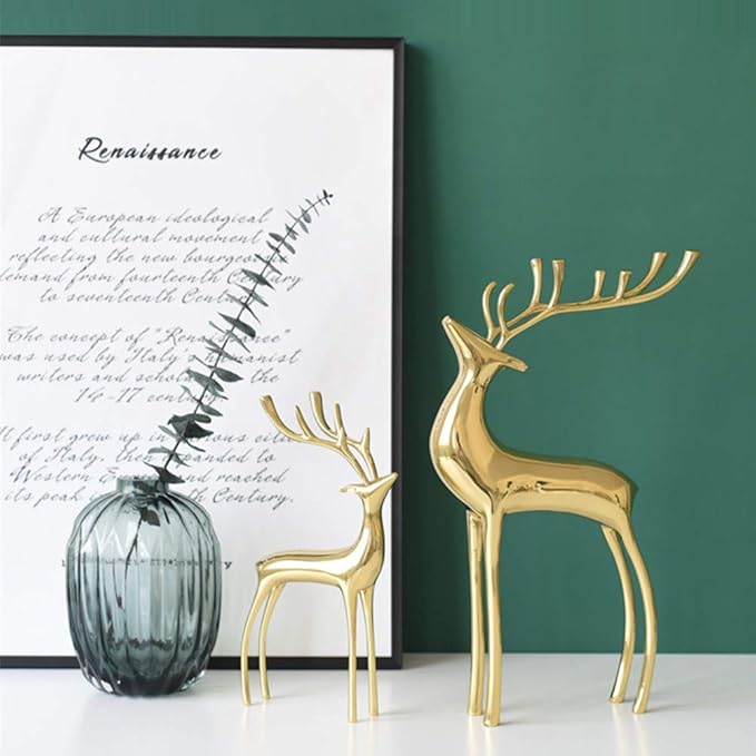Sziqiqi Reindeer Figurine Statues Deluxe Set of 2, Christmas Deer Pure Copper Heavy Reindeer Ornaments for Home Decor Accents Living Room Office Bookself Tabletop Mantle Christmas Decoration, Gold-Ruum Studio Home