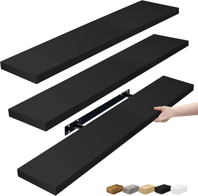 Sorbus Floating Shelves for Wall - 35 Inch Long Bathroom Shelves, Wall Decor for Bedroom, Kitchen, Living Room & Book Storage - Mounted Floating Shelf with Invisible Brackets (Black, 3 Pack)-Ruum Studio Home