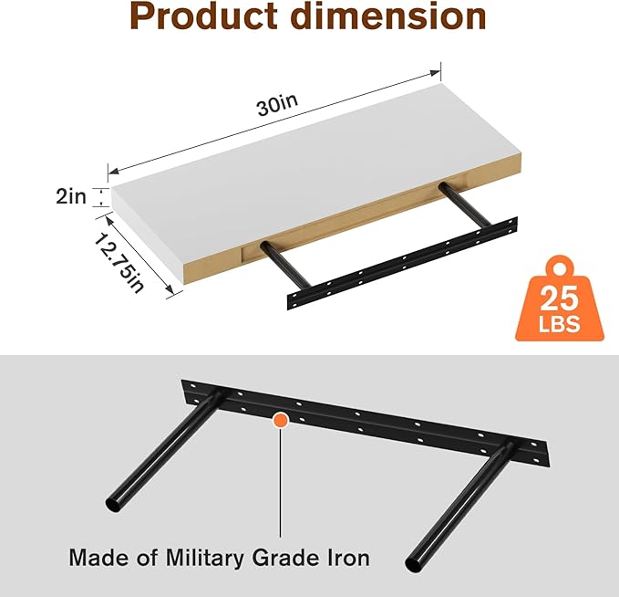 Large Floating Shelves for Wall Set of 3 Wooden Wall Shelves 30 in x 12.75 in x 2 in Room Decor Long Shelf with Invisible Wall Mount Bracket for Bedroom Kitchen Living Room White-Ruum Studio Home