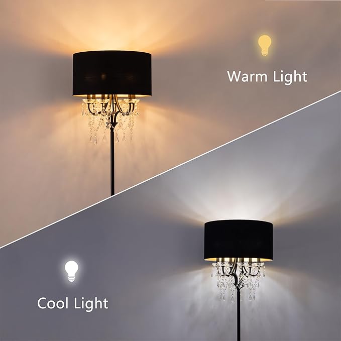 Wellmet Black Crystal Drum Shade Floor Lamp, 6 Light Black Gold Shade, Candle Base, for Living Room, Bedroom, Reading Room, Hallway, Corridor-Ruum Studio Home