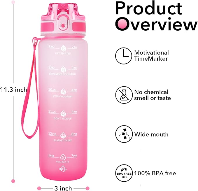 32oz Motivational Water Bottles with Time Marker & Fruit Strainer, Transparent Gradient Color Water Bottle with Times to Drink, Leakproof & BPA Free, Reusable Bottle with Strap (No Straw)-Ruum Studio Home