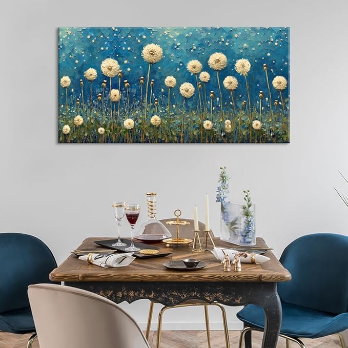 LASMOND Teal Dandelion Wall Art for Living Room Abstract Blowball Canvas Painting Prints Large Flower Floral Grassland Bedroom Decoration Modern Artwork Decor (46x23 Inches)-Ruum Studio Home