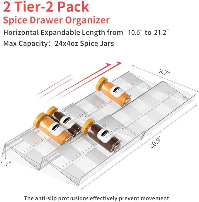 2-Tier Non-Slip Spice Drawer Organizer, 2-Pack Checkered Frosted Clear Acrylic, Expandable (11''-22'') Spice Rack for Kitchen Drawer Storage – Holds Seasonings, Herbs, and Spices (Jars Not Included)-Ruum Studio Home