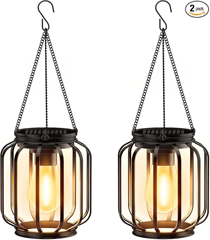 Solar Hanging Lanterns Outdoor: 2 Pack Metal Solar Hanging Lights with Hook, Bright - Warm Waterproof LED Lanterns for Outside, Classic Decorative Solar-Powered Light for Yard Garden Patio Porch Decor-Ruum Studio Home