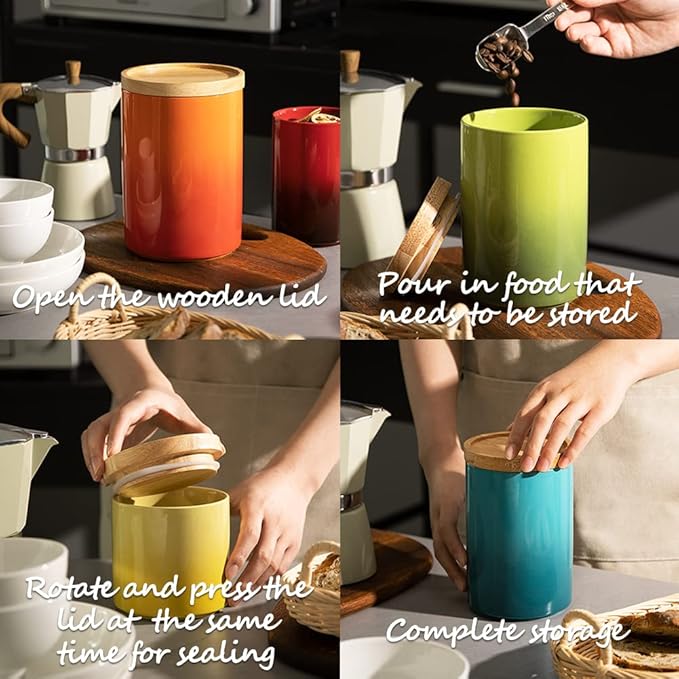 Sweejar Ceramic Food Storage Jar, Stackable Kitchen Canisters, Containers with Airtight Seal Wooden Lid for Serving Ground Coffee, Tea, Sugar, Salt and More - 28 Fl Oz (Gradient Orange)-Ruum Studio Home