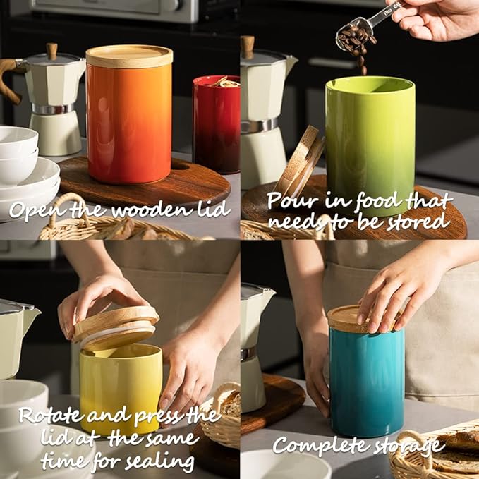 Sweejar Ceramic Food Storage Jar, Stackable Kitchen Canisters, Containers with Airtight Seal Wooden Lid for Serving Ground Coffee, Tea, Sugar, Salt and More - 28 Fl Oz (Gradient Green)-Ruum Studio Home