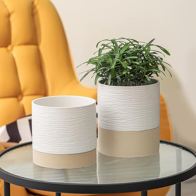 Nihow Ceramic Plant Pot: 6 Inch Planter with Drainage Hole & Saucer for Indoor & Outdoor Plants - Cylinder Round Flower Pot for Succulent/Herbs/Violets - White & Brown-Ruum Studio Home