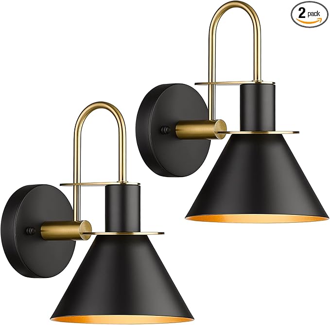 Wall Sconces Set of Two, HWH Modern Sconce Wall Lighting, 1-Light Gooseneck Barn Vanity Light, Industrial Wall Lamp for Bedroom Kitchen Bathroom, Black and Gold Finish, 5HZG56B-2L BK+BG-Ruum Studio Home