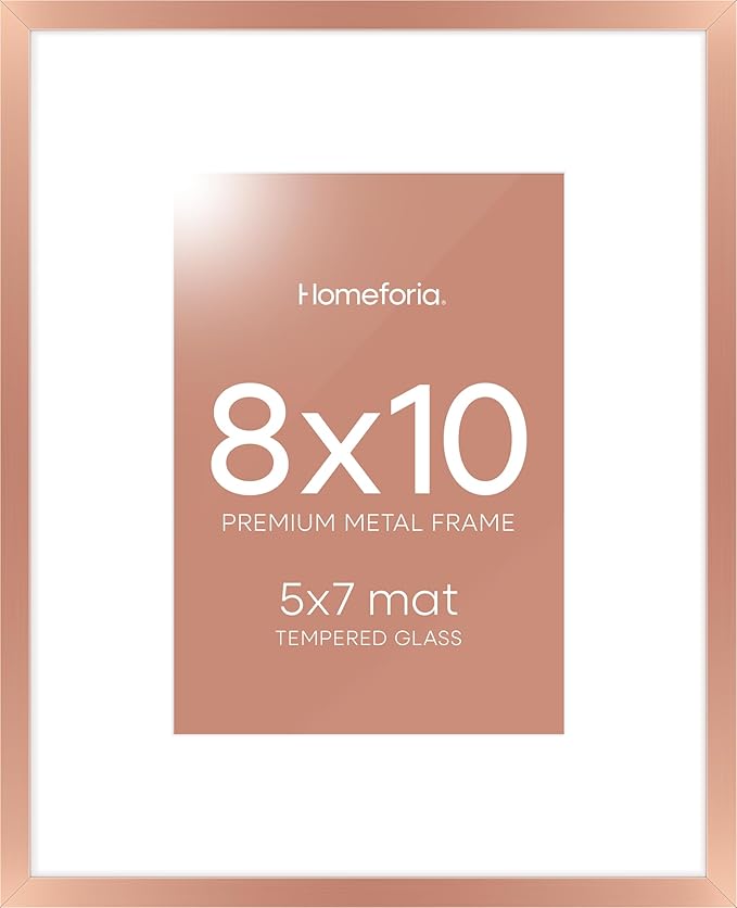 Homeforia Rose Gold 8x10 Picture Frame, High End Metal 8 x 10 Poster Frames with Mat 5 by 7 Print, 10x8 Thin Frame Matted to 7x5 Photo, 8by10 Wall or Tabletop Frame, Tempered Glass, Wall Kit, Set of 1-Ruum Studio Home